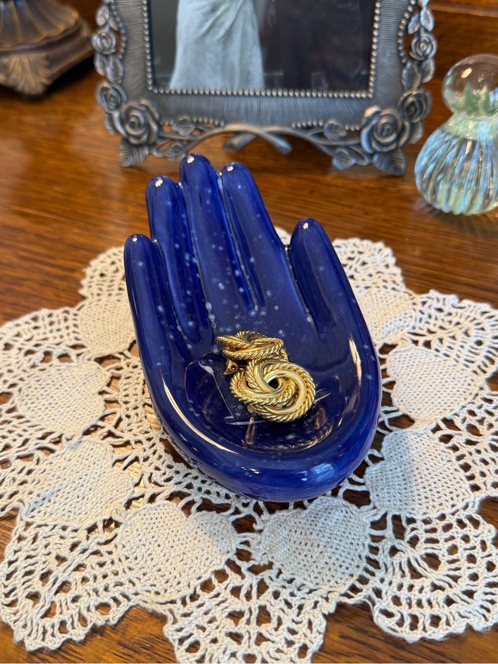 Cobalt Blue Ceramic Hand Dish with Initial “K” - Picture 9 of 12